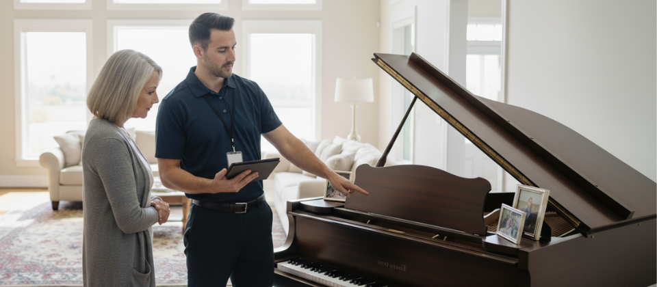 A professional moving estimator conducting a detailed in-home survey with a tablet to create a binding estimate for a homeowner.