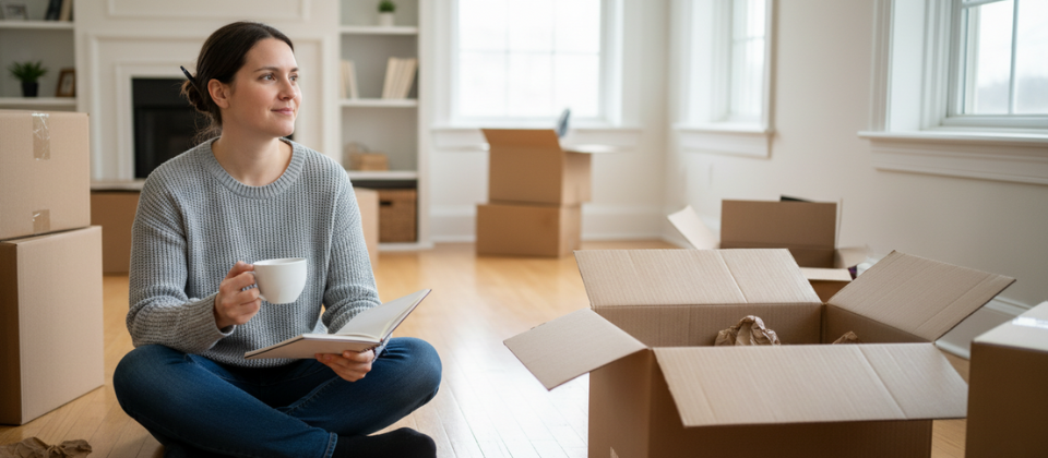 A person sitting calmly among packing boxes, reviewing a strategic moving checklist to reduce decision fatigue.