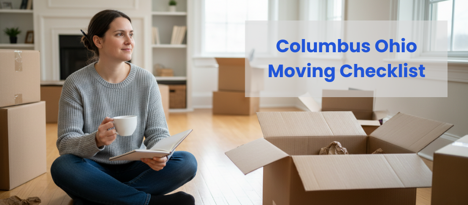 A relaxed homeowner in a Columbus, OH living room holding a moving binder and coffee, preparing for a stress-free relocation.