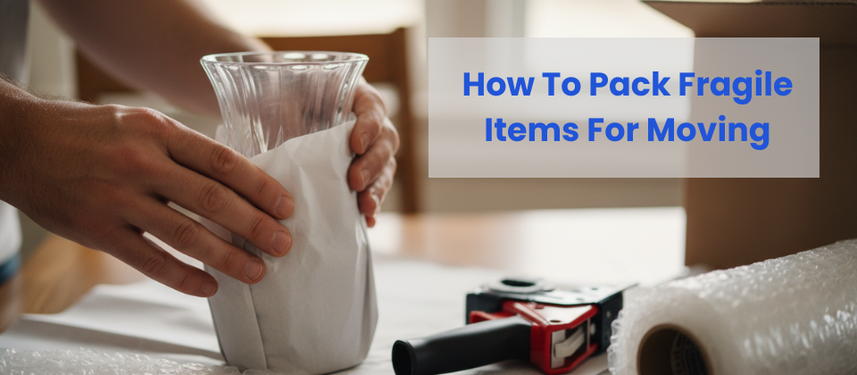 Close-up of professional packing techniques for crystal and glassware, showing proper cushioning with paper and bubble wrap.