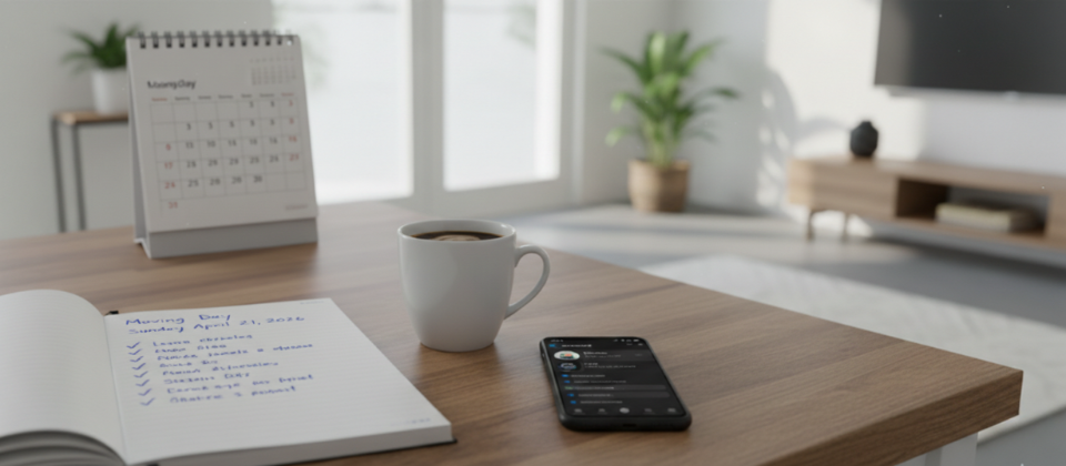 Close-up of a kitchen island with a smartphone, coffee, and a moving day checklist notebook and calendar