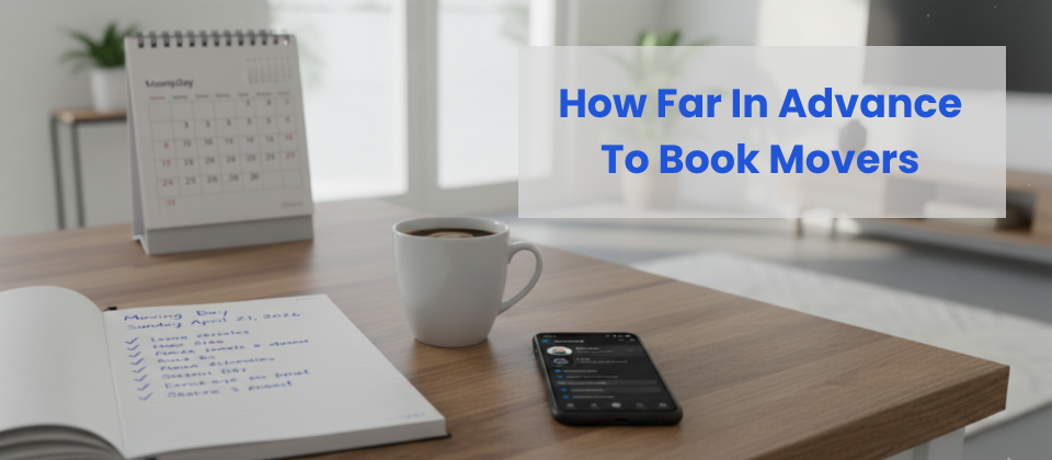 Moving day preparations on a wooden table: phone, coffee, calendar, and a checklist.