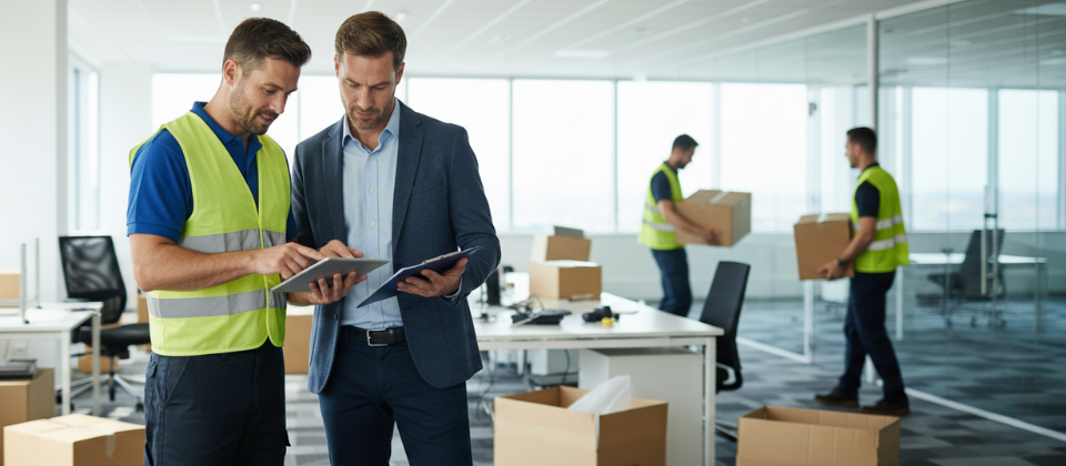 A commercial moving consultant and facility manager reviewing a relocation logistics plan on a tablet.