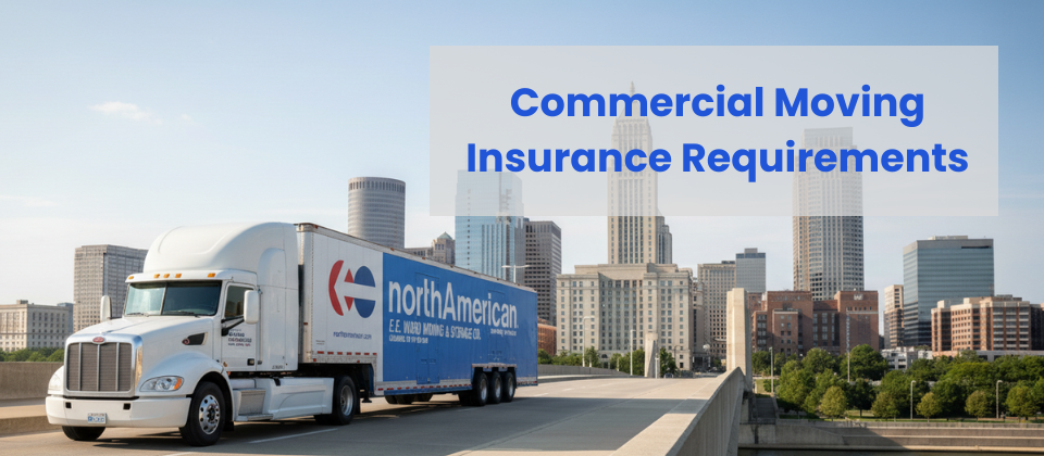 commercial moving truck driving across a bridge with the LeVeque Tower and Columbus, Ohio skyline in the background.