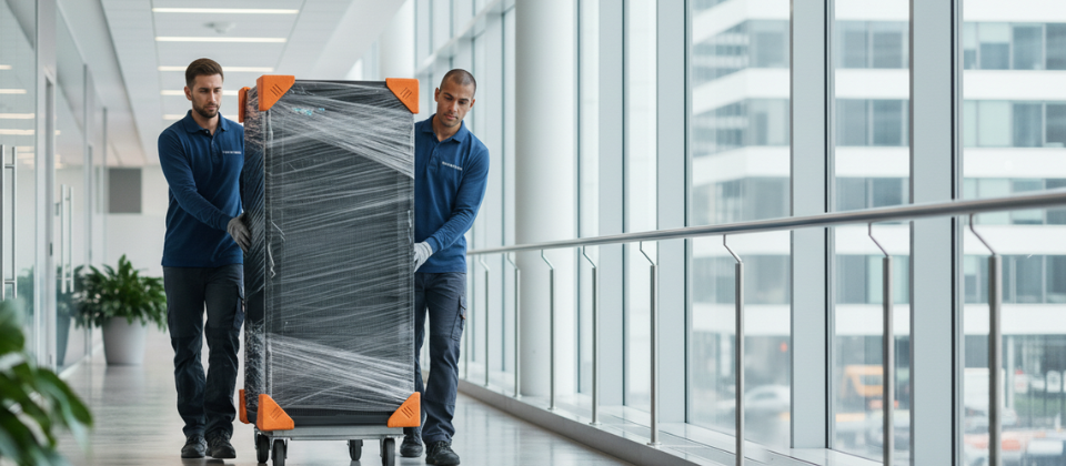 Professional movers transporting a wrapped server rack in a Columbus, OH office.