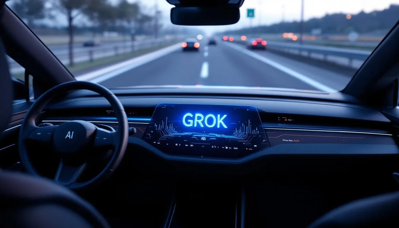 An illustration depicting a Tesla vehicle equipped with advanced AI technology, showcasing features like the steering wheel and infotainment system, symbolizing the integration of Grok AI in Tesla's all-electric vehicles. The image suggests a modern, high-tech environment reflecting Tesla's commitment to innovative software and user experience.