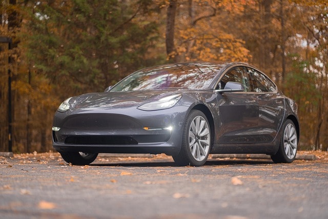car, fall, car wallpapers, vehicle, tesla, model 3, lights, brown car