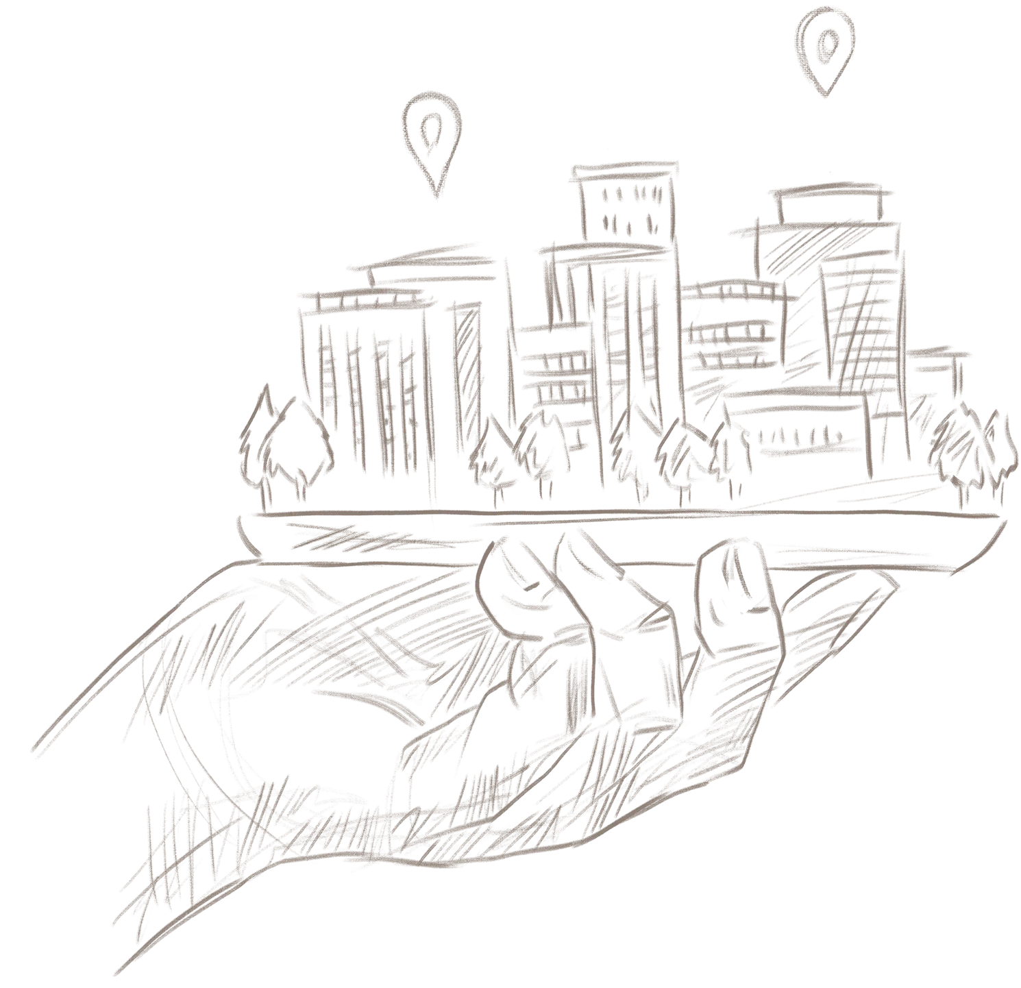 Illustration d’une main tenant plusieurs immeubles, représentant la recherche ciblée et la négociation de biens immobiliers par Momerable.