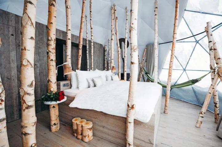 Photo d’un lit installé au milieu des arbres, illustrant une expérience d’hébergement immersive et apaisante conçue par Momerable.