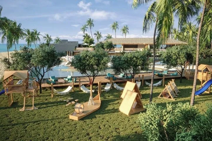 Photo de l’extérieur de l’hôtel Ibitu Gostoso, mettant en valeur l’architecture intégrée au paysage côtier développée par Momerable.