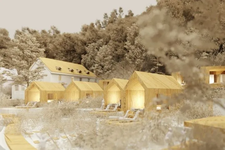 Photo de tentes avec transats installées en pleine nature à Maison Monsieur, illustrant un hébergement bucolique et confortable conçu par Momerable.