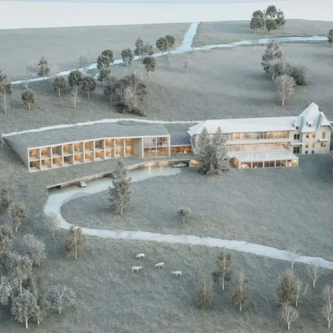 Vue aérienne du site du projet Muria, illustrant l’intégration paysagère de l’hôtel dans les vignes pensée par Momerable.