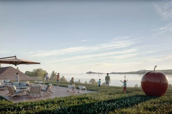 Photo d’un salon de jardin avec point d’eau sur le domaine Muria, représentant l’élégance naturelle et le confort extérieur conçus par Momerable.