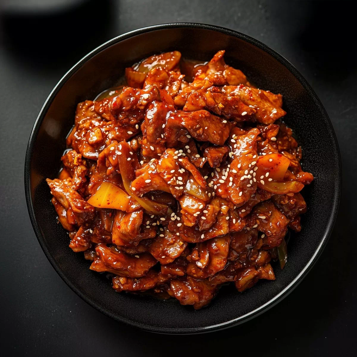 검은 그릇에 고추장 양념과 참깨가 뿌려진 매콤한 돼지고기 볶음 요리.