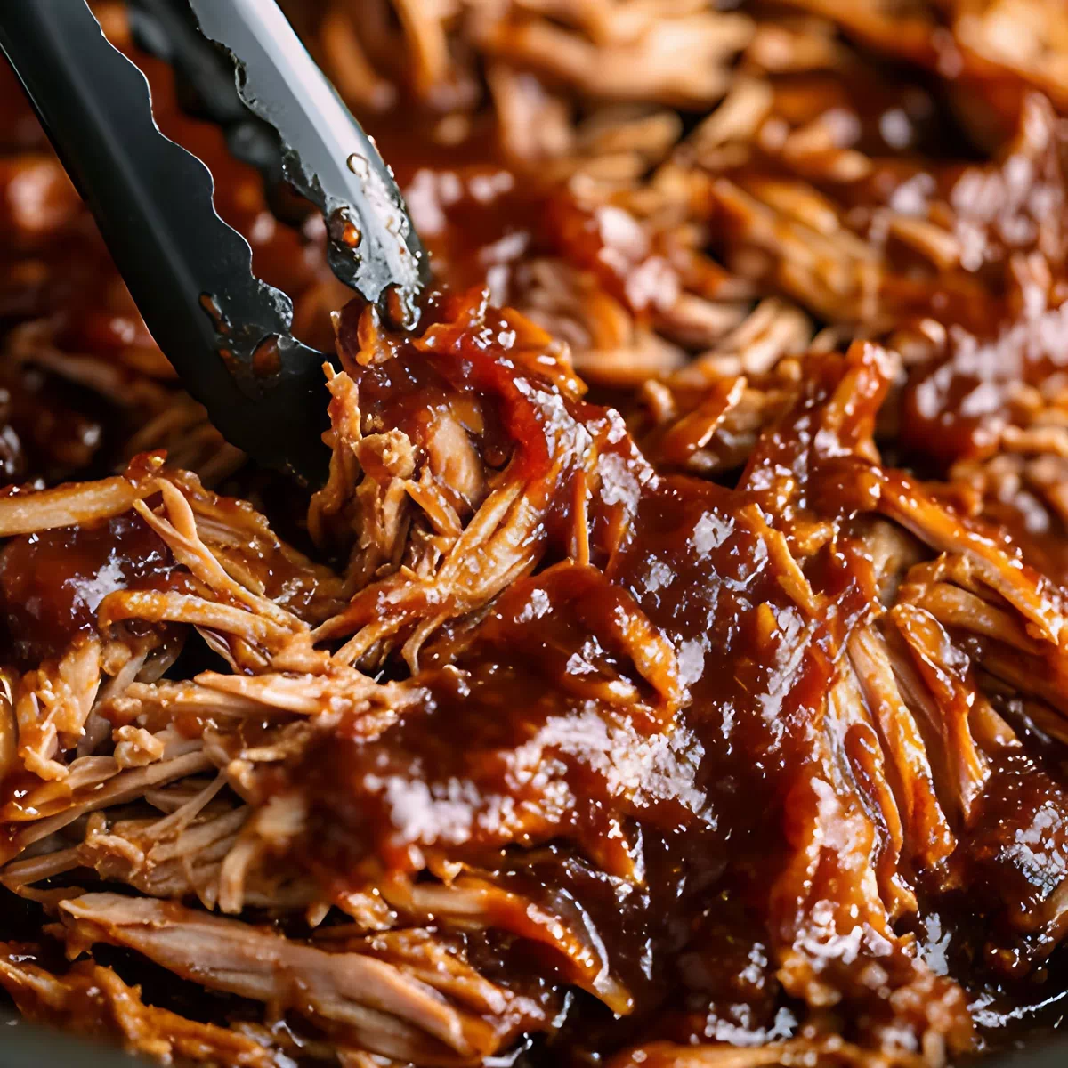 바비큐 소스가 듬뿍 묻은 잘게 찢어진 풀드 포크 고기와 검은 집게.