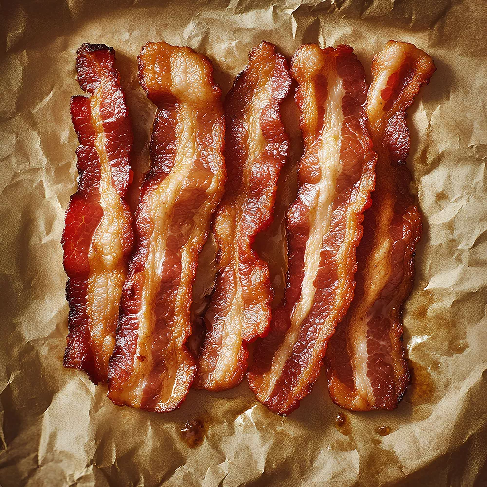 종이 위에 놓인 다섯 조각의 바삭하게 익은 베이컨.