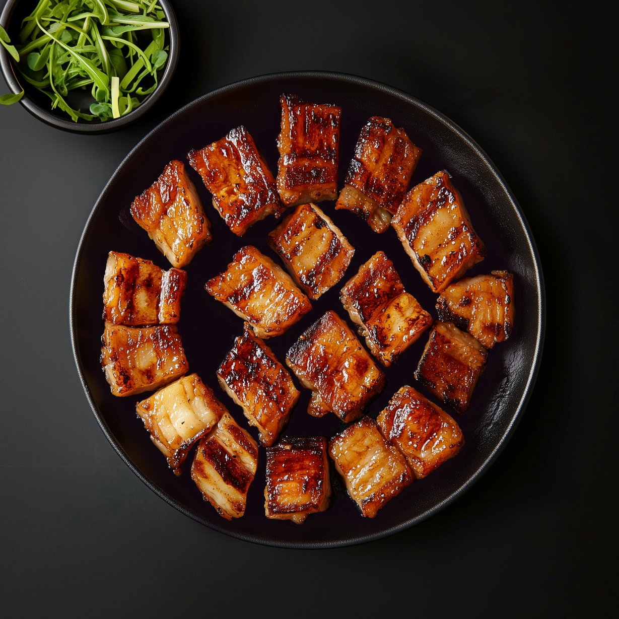 검은 접시에 잘 구운 삼겹살 조각들이 원형으로 배열되어 있고 위쪽에는 신선한 채소가 담긴 작은 그릇이 있다.