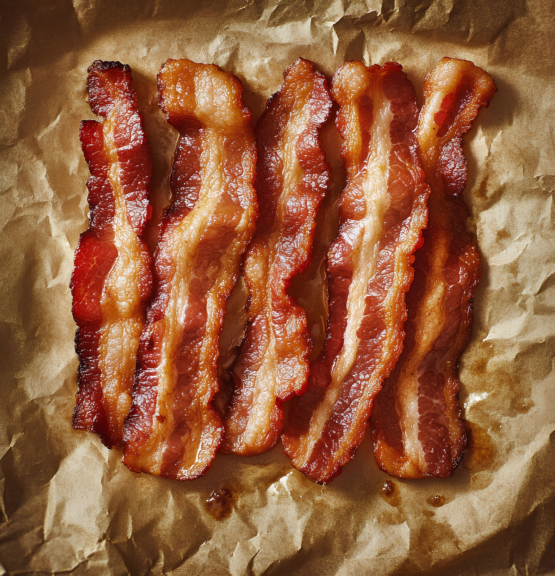 기름종이 위에 놓인 다섯 줄의 바삭하게 구워진 베이컨 조각.