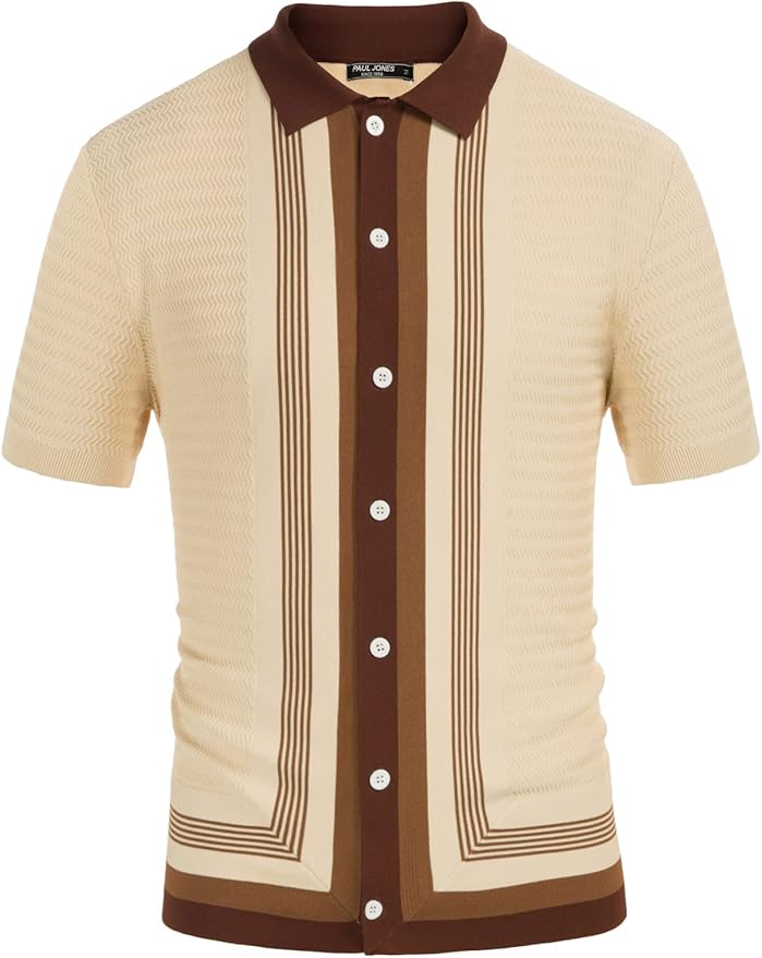 PJ PAUL JONES Men&#39;s Vintage Stripe Knit Polo Shirts Short Sleeve Stylish Button Down Cardigan Sweater