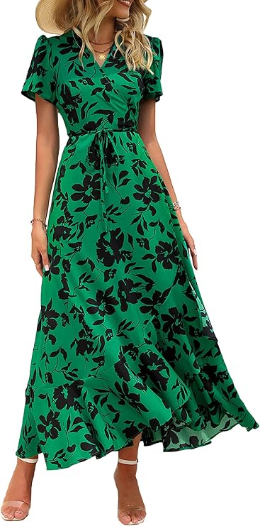 PRETTYGARDEN Women&#39;s Summer Wrap Maxi Dress Casual Boho Floral V Neck Short Sleeve Ruffle Hem Split Beach Long Dresses