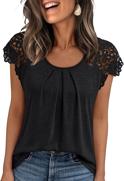 AUTOMET Womens Lace Tops Pleated Short Sleeve Shirts Summer Business Casual Dressy Blouses