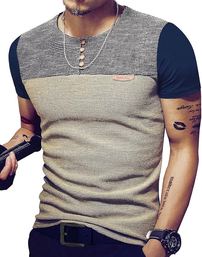 LOGEEYAR Mens Slim Fitted Casual Short Sleeve Button T-Shirts Contrast Color Stitching Tees Tops