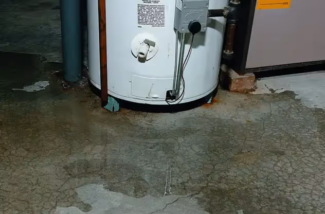 Leaking water heater with water pooled on floor.