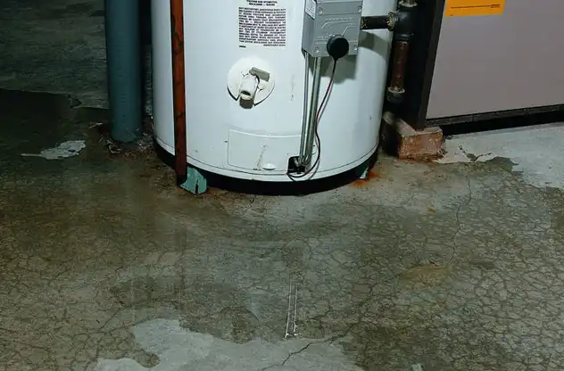 Leaking water heater with water pooled on floor.