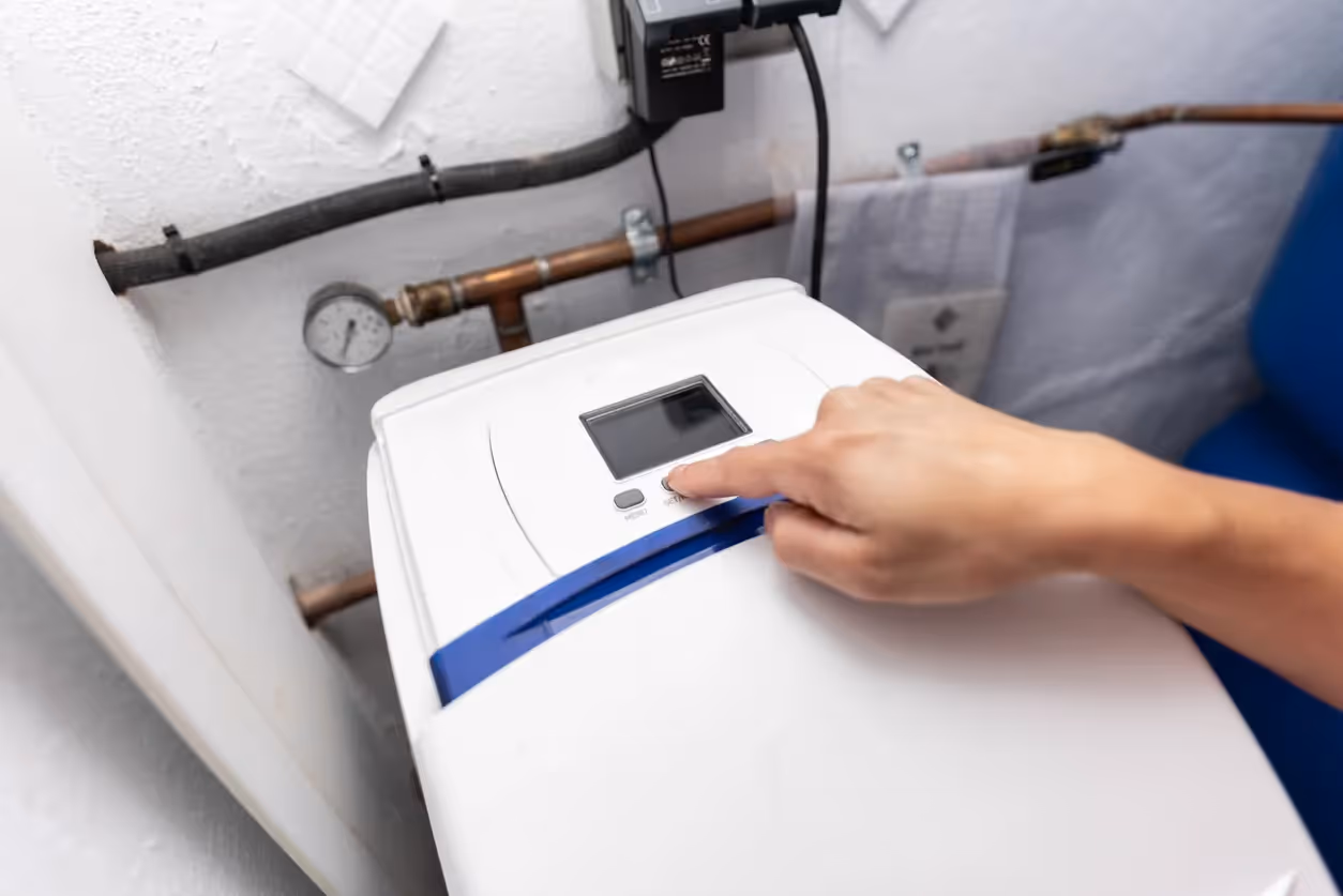 A close shot of person hands repairing a water softner