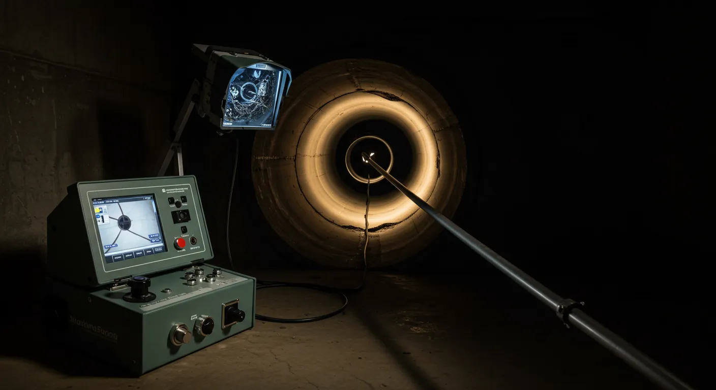 In a dark tunnel, a camera with bright lights captures the view, displayed on a tablet held by a person.