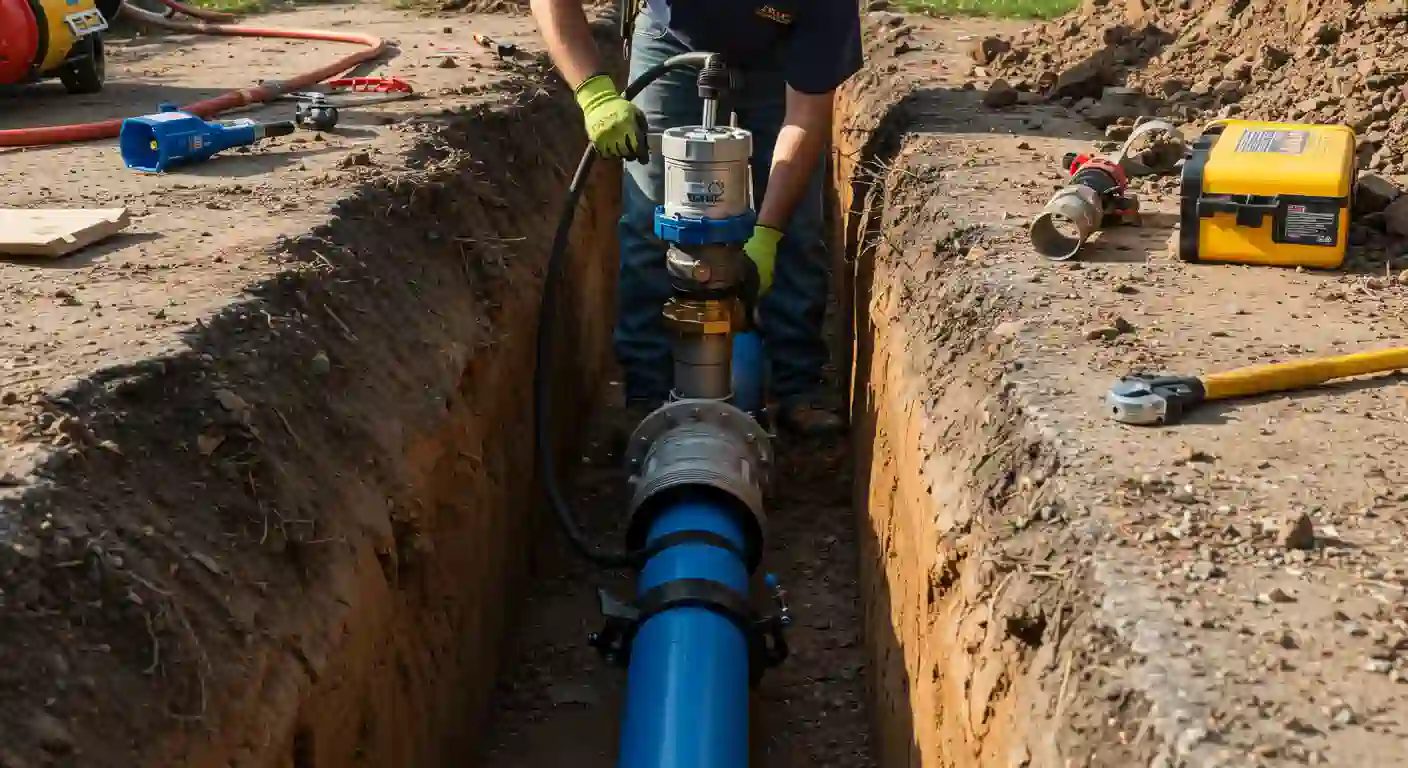 A worker in gloves connects pipes in a trench, using tools and equipment for plumbing installation on a sunny day.