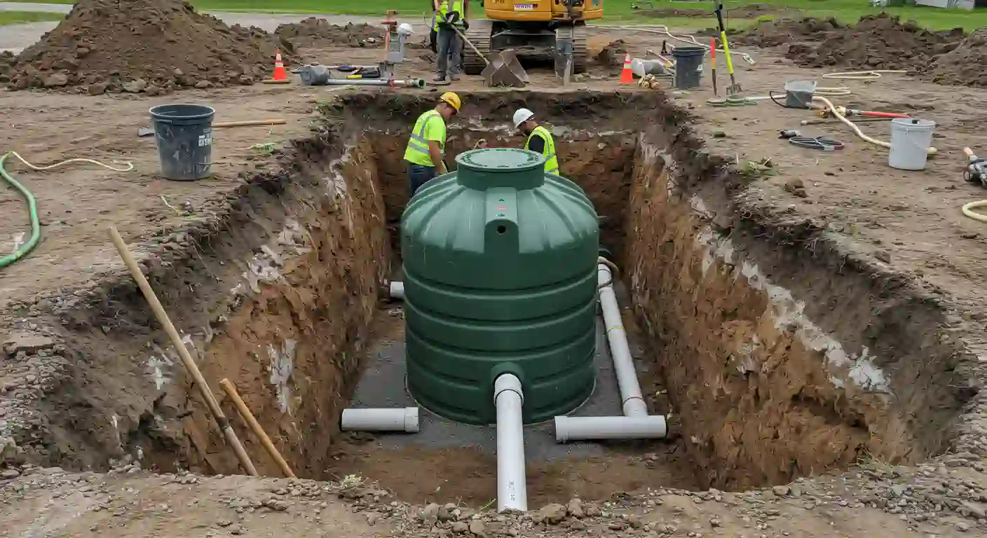 Two workers in safety vests inspect a green septic tank installed in a deep trench, surrounded by construction equipment and materials.