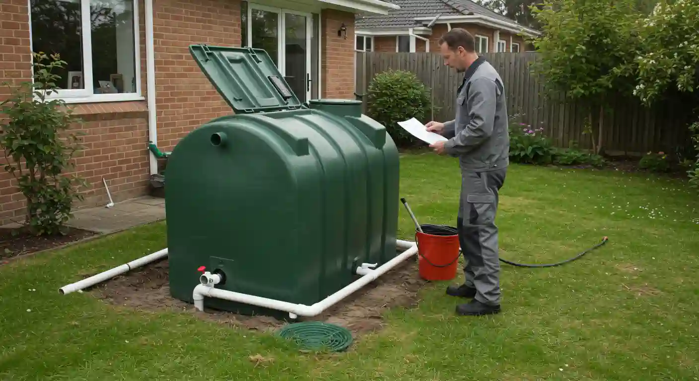 A person in gray work clothes examines documents near a green water storage tank in a landscaped yard.