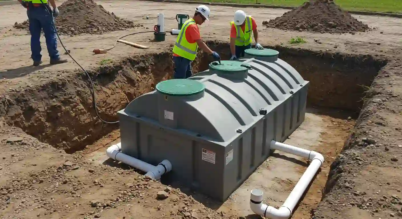 Two construction workers in safety vests work around a large underground tank with green lids, surrounded by freshly dug earth.