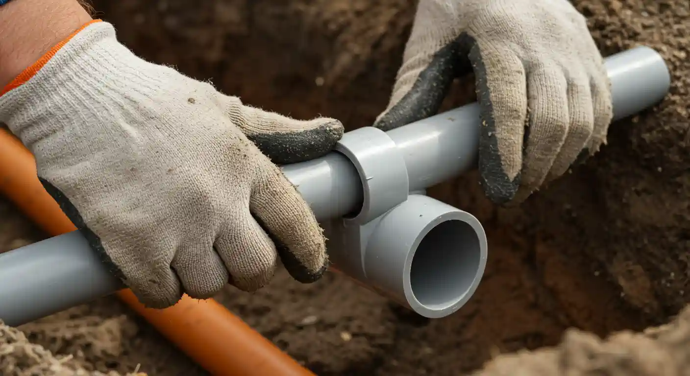 Hands in gloves connecting gray PVC pipes in a trench, preparing for installation in a construction or plumbing project.