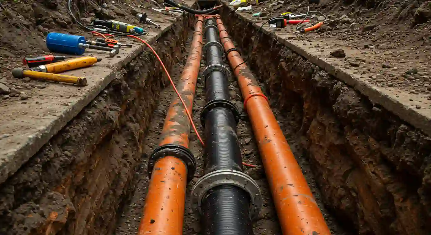 A trench with orange and black pipes, surrounded by dirt and scattered tools, indicating active construction or maintenance work.