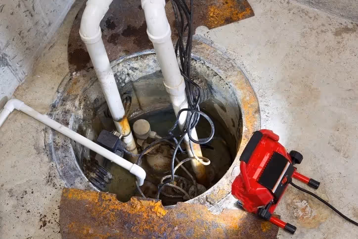 Rusty sump pump pit in basement.