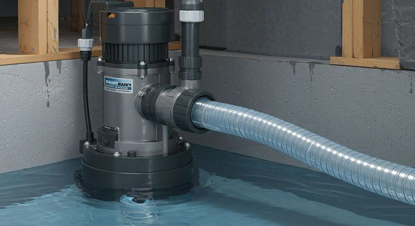A submersible pump sits in a flooded basement, connected to a clear hose draining water from the space.