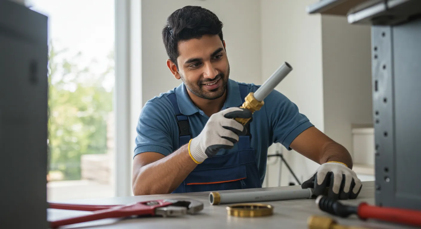 A smiling male plumber in work gloves and blue overalls is holding and inspecting a pipe fitting on a counter.