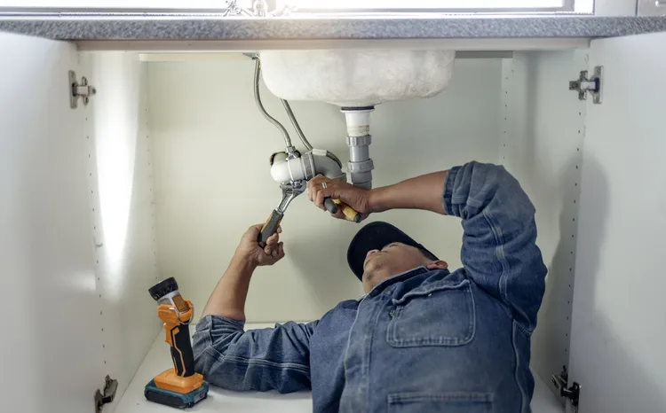A plumber in a denim jacket and cap is lying under a kitchen sink, using a wrench to work on the plumbing, with a flashlight nearby.