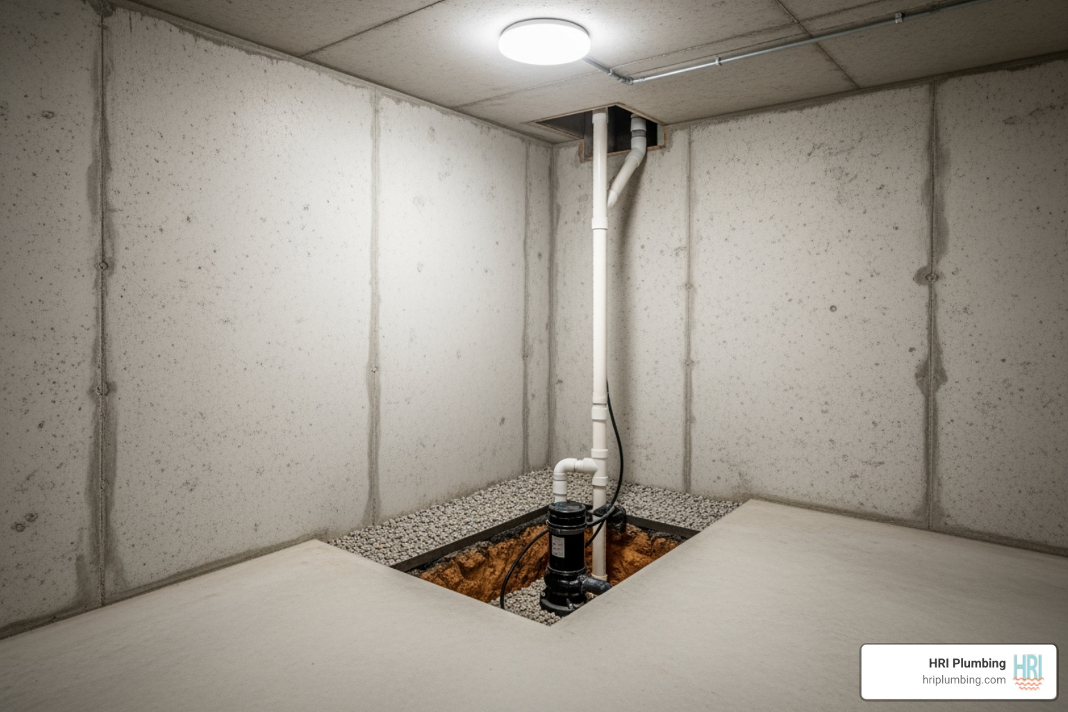 A clean, dry basement is shown, with a visible sump pump pit in the corner. The concrete walls are sealed, indicating active waterproofing measures. - Basement flooding solution A clean, dry basement is shown, with a visible sump pump pit in the corner. The concrete walls are sealed, indicating active waterproofing measures. - Basement flooding solution