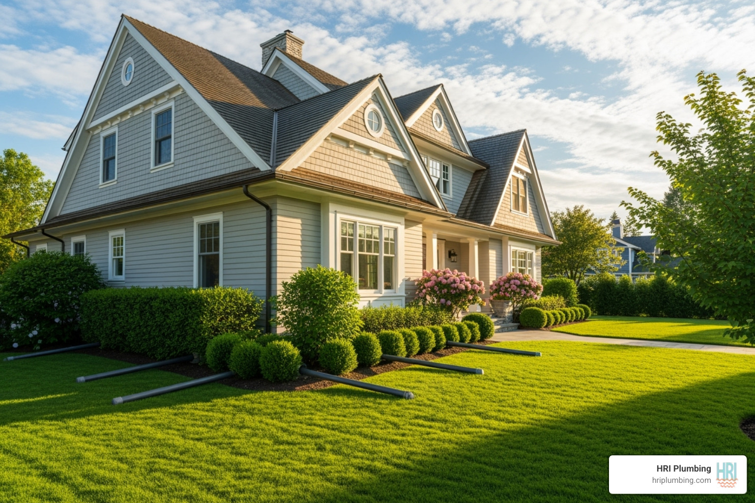 A lush green lawn is perfectly graded, sloping gently away from the foundation of a house. Downspout extensions are clearly visible, directing rainwater far away from the building's base. - Basement flooding solution A lush green lawn is perfectly graded, sloping gently away from the foundation of a house. Downspout extensions are clearly visible, directing rainwater far away from the building's base. - Basement flooding solution