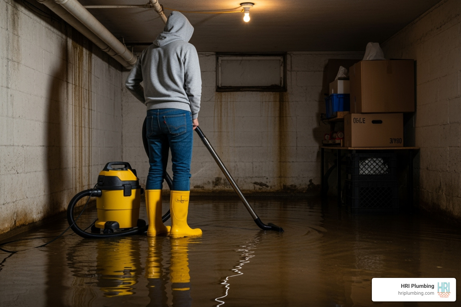 A person wearing rubber boots stands in a partially flooded basement, operating a wet/dry vacuum to remove water. - Basement flooding solution A person wearing rubber boots stands in a partially flooded basement, operating a wet/dry vacuum to remove water. - Basement flooding solution