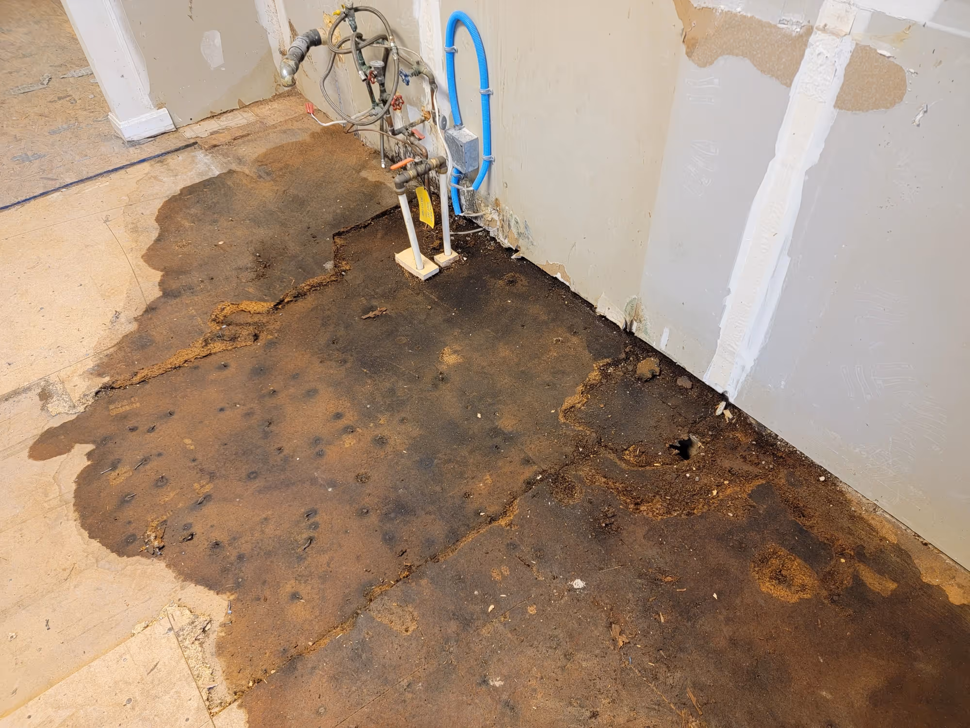 A damaged wall area shows exposed plumbing with corroded pipes and stained flooring.