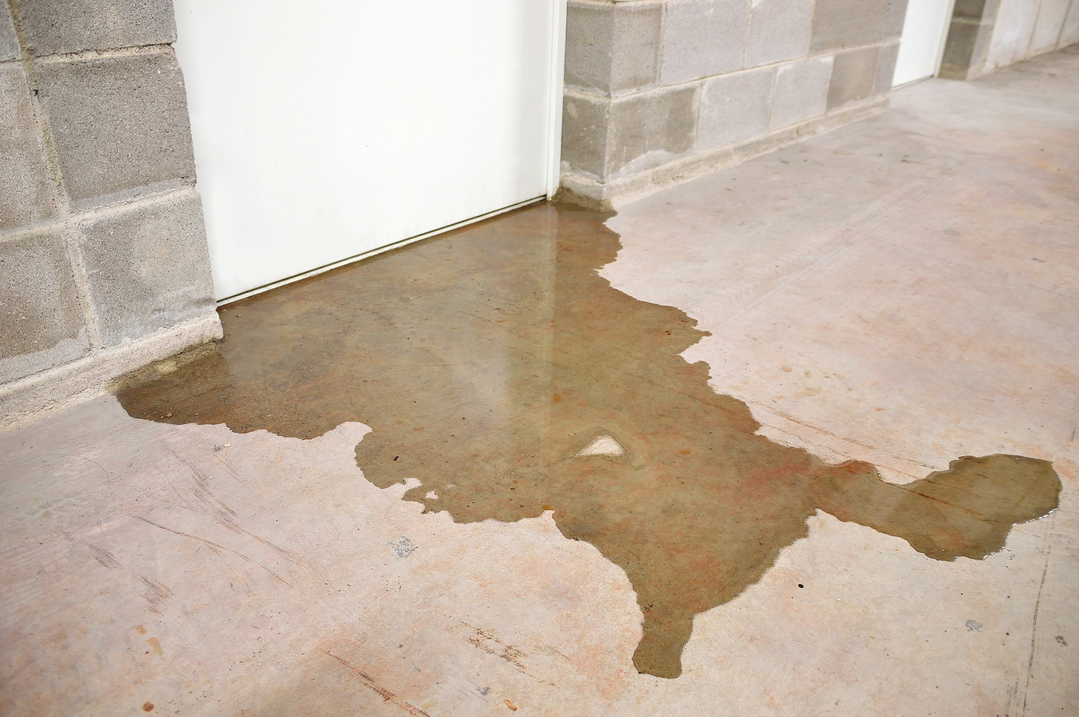 Wet concrete floor with a large puddle seeping under a white door,