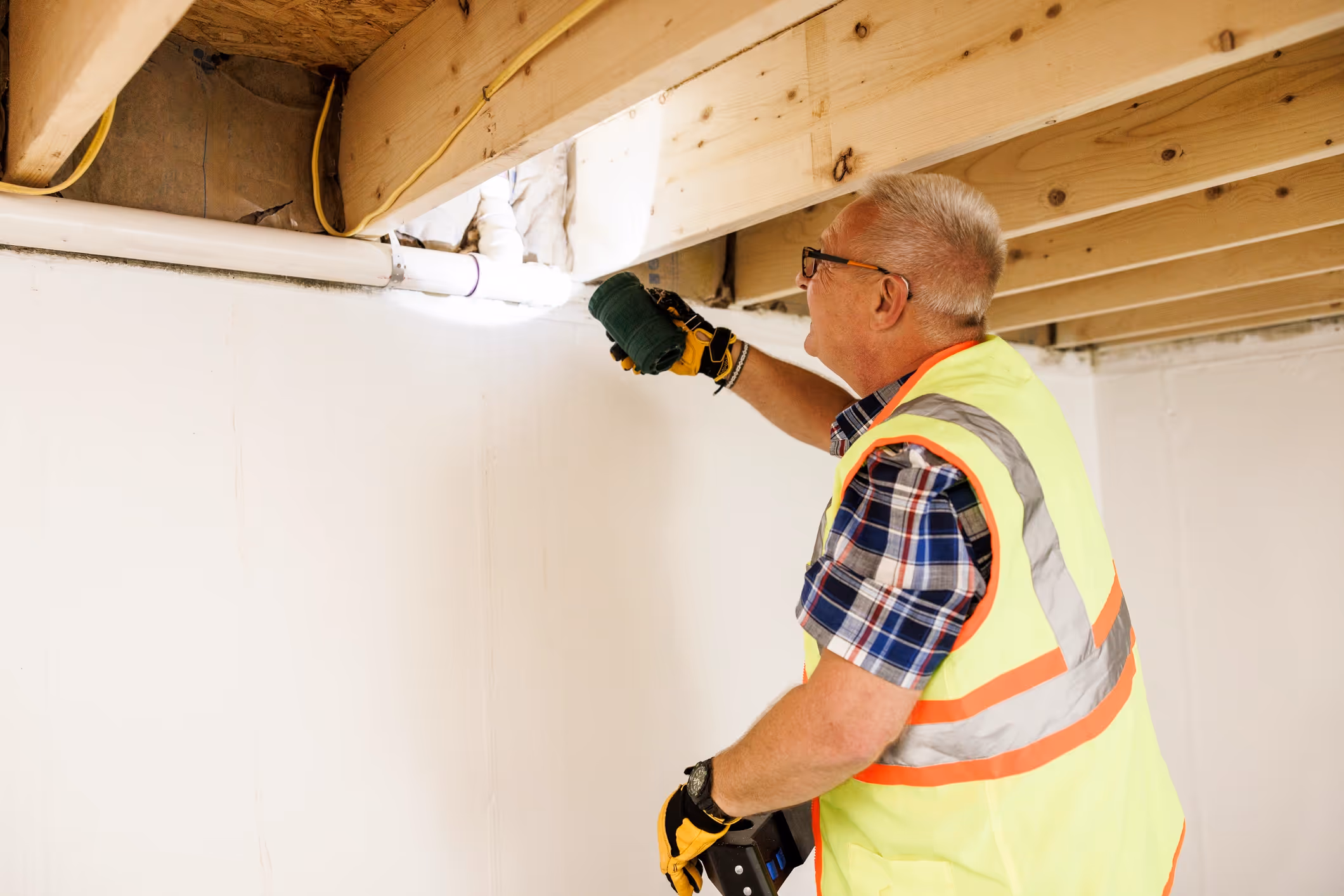 A man in a plaid shirt and reflective vest uses a torch on a basement ceiling pipe to find leakage.