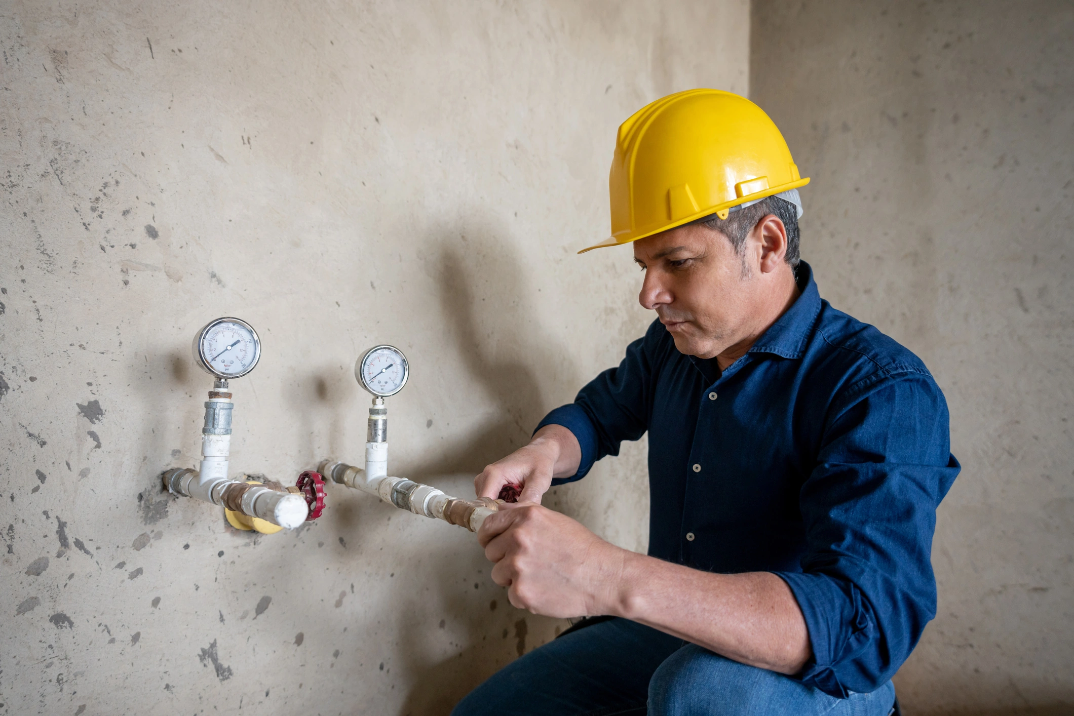 A man in a yellow hard hat and navy shirt inspects pipes with gauges against a concrete wall.