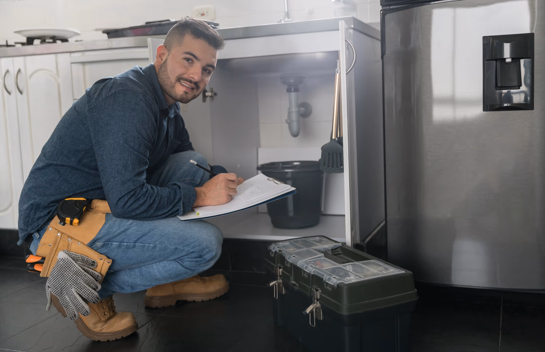 A smiling plumber kneels by an open kitchen cabinet, inspecting pipes while writing on a clipboard.
