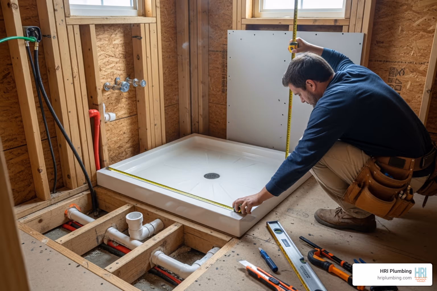 person dry-fitting a shower pan - shower pan installation