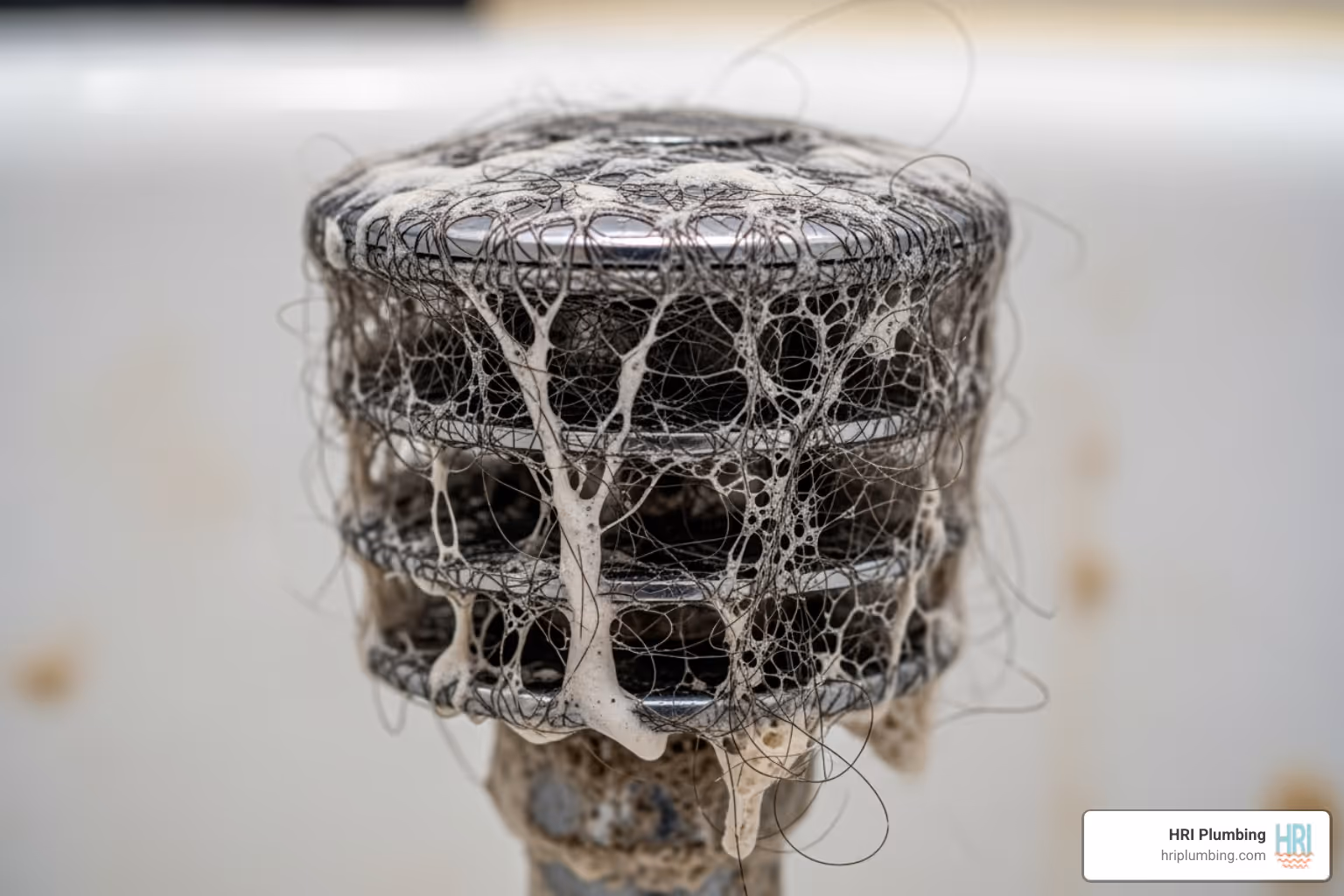 dirty drain stopper covered in hair and soap scum - bathtub drain clog